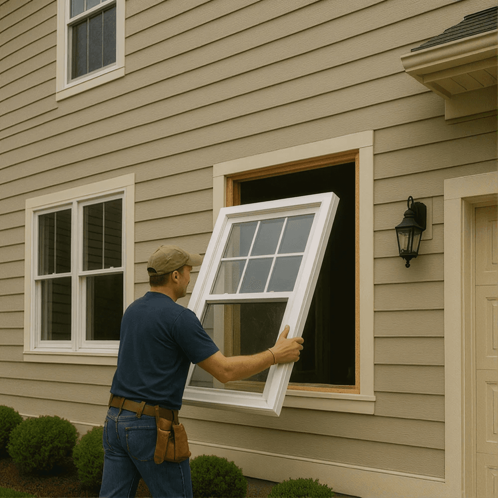 A man in a cap installs a white-framed window into a beige house with siding. He wears a tool belt, and nearby shrubs add a touch of greenery.