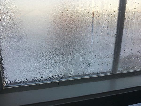 Condensation covers a window pane, with droplets forming patterns.